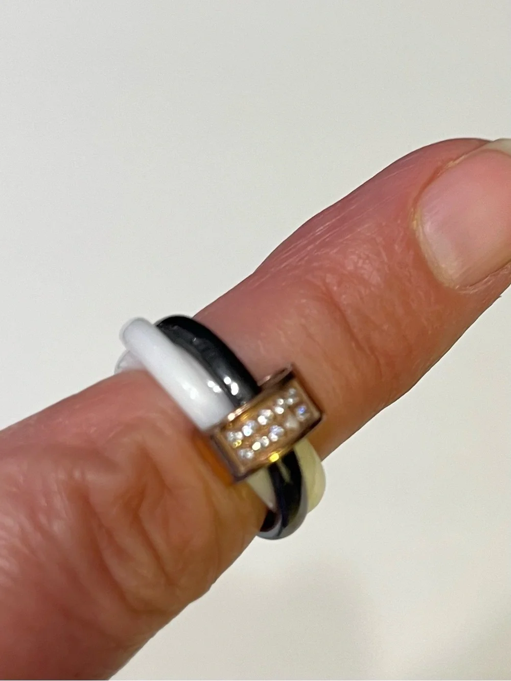 Black and White Ceramic Stack Ring with Rose Gold Accent